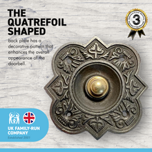 Load image into Gallery viewer, Cast iron traditional Quatrefoil shape Doorbell Push Button |10cm x 10cm | Brass push button with cast iron surround | Vintage style door bell push