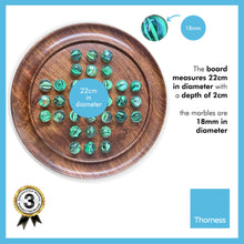 Load image into Gallery viewer, 22cm Diameter WOODEN SOLITAIRE BOARD GAME with LUSH GREEN SWIRL GLASS MARBLES