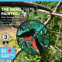 Load image into Gallery viewer, Robin Redstart Glass sun catcher | 150mm diameter with chain for hanging | colour catcher | window decoration | perfect for conservatory