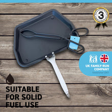 Load image into Gallery viewer, Traditional ash pan 33cm wide (13") with handle and heavyweight cast iron tongs | Ideal for Standard Sized fire grates | ash pan for open fires | ash pan for log burners| fire ash pan
