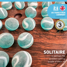Load image into Gallery viewer, 22cm Diameter WOODEN SOLITAIRE BOARD GAME with ICEBERG GLASS MARBLES
