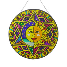 Load image into Gallery viewer, Sun and moon glass sun catcher | 150mm diameter with chain for hanging | colour catcher | window decoration | perfect for conservatory | living rooms | garden | garden hanging | suncatchers | rainbow
