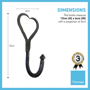 CAST IRON LOVE HEART HOOK | 12cm (H) x 6cm (W) | Decorative wall mounted entryway hall hook for hanging | Kitchen Bedroom Bathroom Coat Pegs Hooks