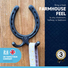 Load image into Gallery viewer, Handcrafted cast iron antique style HORSESHOE DOUBLE ROBE HOOK for hanging coats dog leads cabin hooks Bridle hooks