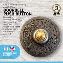 Load image into Gallery viewer, Cast iron traditional round Doorbell Push Button | Visitors welcome |8.5cm diameter | Brass push button with cast iron surround | Vintage style door bell push