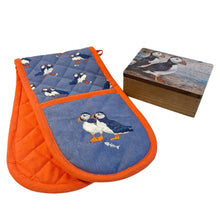 Load image into Gallery viewer, WOODEN PUFFIN DESIGN KEEPSAKE BOX and OVEN GLOVE CUTE PUFFIN SEA BIRD DOUBLE OVEN MITTS | Keepsake and Wooden Gift Boxes | Heat Resistant Kitchen Oven Mitts with Soft Quilted Cotton Lining Filling