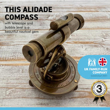 Load image into Gallery viewer, Brass Alidade ornament with antique style finish | Theodolite precision optical instrument ornament | 10cm high | Compass centre | Nautical gifts for desk | Paperweight