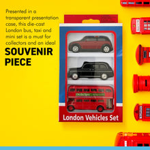 Load image into Gallery viewer, Three Piece Iconic London die cast toy car set includes Taxi, Red London double decker bus and BMW Mini / London souvenirs / Union Jack flag / Holiday gifts / British Gifts