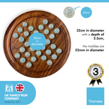 Load image into Gallery viewer, 30cm Diameter WOODEN SOLITAIRE BOARD GAME with SNOWFLAKE WHITE and AQUA GLASS MARBLES | |classic wooden solitaire game | strategy board game | family board game | games for one | board games