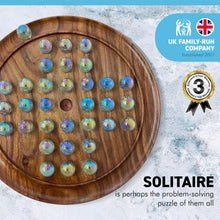 Load image into Gallery viewer, 30cm Diameter WOODEN SOLITAIRE BOARD GAME with SOAP BUBBLE CLEAR PEARLESCENT GLASS MARBLES | classic wooden solitaire game | strategy board game | family board game | games for one | board games