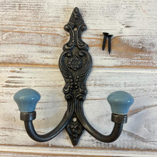 Load image into Gallery viewer, CAST IRON FRENCH STYLE DOUBLE ORNATE HOOKS | Duck Egg Blue Ceramic Ball Tops | Cloakroom Hook | Decorative Double Hook, hat and coat hook | 15cm x 11cm.
