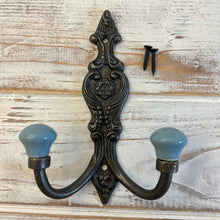 Load image into Gallery viewer, CAST IRON FRENCH STYLE DOUBLE ORNATE HOOKS | Duck Egg Blue Ceramic Ball Tops | Cloakroom Hook | Decorative Double Hook, hat and coat hook | 15cm x 11cm.