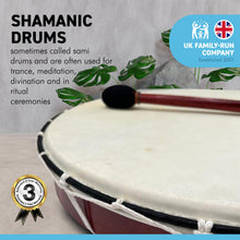 Load image into Gallery viewer, Large 45cm diameter Shamanic Sami hand drum with wooden beater | frame drum | medicine | Viking / Pagan Hand Drum | wooden frame | rope weaved handles at the rear | deep resonant tone