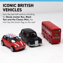 Load image into Gallery viewer, Three Piece Iconic London die cast toy car set includes Taxi, Red London double decker bus and BMW Mini / London souvenirs / Union Jack flag / Holiday gifts / British Gifts