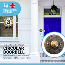Load image into Gallery viewer, Cast iron traditional round Doorbell Push Button | Visitors welcome |8.5cm diameter | Brass push button with cast iron surround | Vintage style door bell push