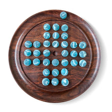 Load image into Gallery viewer, 22cm Diameter WOODEN SOLITAIRE BOARD GAME with ICEBERG GLASS MARBLES
