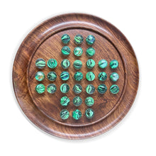 Load image into Gallery viewer, 22cm Diameter WOODEN SOLITAIRE BOARD GAME with LUSH GREEN SWIRL GLASS MARBLES