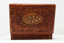 Load image into Gallery viewer, Large Carved Pattern Wood Treasure Chest Trinket Box Brass Inlay