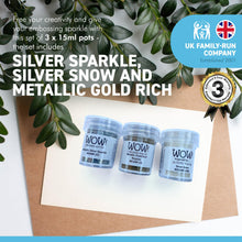 Load image into Gallery viewer, WOW! 3 piece Embossing Glitter Winter Collection| 3 x 15ml pots | Silver Sparkle Silver Snow and Metallic Gold Rich| Free your creativity and enhance your card making sparkle | High-quality and NON-TOXIC