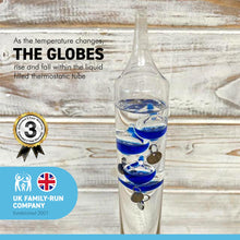 Load image into Gallery viewer, 30cm tall Free standing galileo thermometer with blue coloured baubles