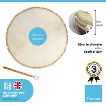 Load image into Gallery viewer, Large 50cm diameter Shamanic Sami hand drum with wooden beater | frame drum | medicine | Viking / Pagan Hand Drum | wooden frame | rope weaved handles at the rear | deep resonant tone