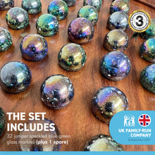 Load image into Gallery viewer, 30cm Diameter WOODEN SOLITAIRE BOARD GAME with JUPITER SPECKLED BLUE GREEN GLASS MARBLES