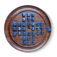 Load image into Gallery viewer, 22cm Diameter WOODEN SOLITAIRE BOARD GAME with BRILLIANT BLUE SWIRL GLASS MARBLES