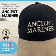 Load image into Gallery viewer, Adjustable size ANCIENT MARINER BLACK BASEBALL CAP | yachting cap | sailors cap | 100% cotton twill material | low profile front contrast peak | six panel hat