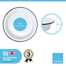 Load image into Gallery viewer, White 22cm diameter round enamel Pie Dish with navy blue edging | Tableware | Metal outdoor camping roasting oven dishes | Traditional classic style