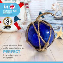 Load image into Gallery viewer, OCEAN BLUE GLASS FISHING FLOAT ORNAMENTAL SEA BUOY | hand blown | nautical seafaring fishing rustic décor | 10cm diameter | with rustic brown string netting and hanging loop | Japanese style glass fishing floats