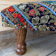 Load image into Gallery viewer, Classic Brocade, Diagonal Patchwork, Embroidered, Indian Footstool - Blue.
