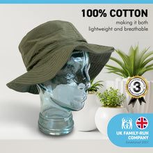 Load image into Gallery viewer, COUNTRY GREEN 60cm SHOWERPROOF BRIMMED TRILBY BUCKET STYLE HAT | Water-Repellent Bucket style Hat | 100% cotton | lightweight and breathable |foldable | Elasticated toggle for adjustable size
