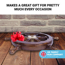 Load image into Gallery viewer, Traditional ship's 6 spoke wooden wheel with brass centre section