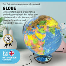 Load image into Gallery viewer, 30cm diameter colour illuminated globe with sturdy metal base | Interactive study globe | illuminated globes of earth | 30cm (w) x 40cm (h) | Illuminated globe for Children and Adults.