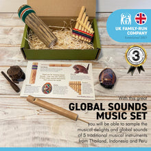 Load image into Gallery viewer, GLOBAL SOUNDS 5 PIECE MUSICAL INSTRUMENTS GIFT BOX | Includes, frog panpipes rainstick bird whistle | sample the musical delights and global sounds from Thailand, Indonesia and Peru

