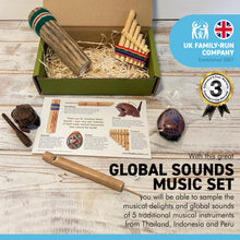 Load image into Gallery viewer, GLOBAL SOUNDS 5 PIECE MUSICAL INSTRUMENTS GIFT BOX | Includes, frog panpipes rainstick bird whistle | sample the musical delights and global sounds from Thailand, Indonesia and Peru