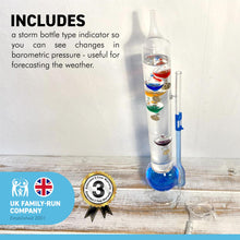 Load image into Gallery viewer, 33cm Tall GLASS GALILEO THERMOMETER with five coloured floating bauble globes | Centigrade and Fahrenheit display| Weather station | Barometer | Storm Glass | desk gadget