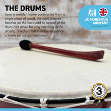 Load image into Gallery viewer, Large 45cm diameter Shamanic Sami hand drum with wooden beater | frame drum | medicine | Viking / Pagan Hand Drum | wooden frame | rope weaved handles at the rear | deep resonant tone
