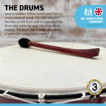 Load image into Gallery viewer, Large 45cm diameter Shamanic Sami hand drum with wooden beater | frame drum | medicine | Viking / Pagan Hand Drum | wooden frame | rope weaved handles at the rear | deep resonant tone
