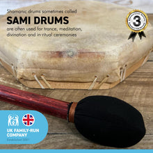 Load image into Gallery viewer, Shamanic Tribal Sami hand drum with wooden beater | frame drum | medicine | Indonesian Pagan Hand Drum | wooden frame | weaved handles at the rear | deep resonant tone