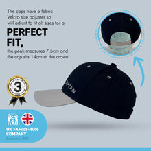 Load image into Gallery viewer, Set of 4 Adjustable CAPTAIN NAVY BLUE BASEBALL CAPS | yachting cap | sailors cap | 100% cotton twill material | low profile front contrast peak | six panel hat | Ideal for the person who thinks they are in charge