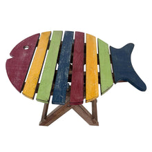Load image into Gallery viewer, Small WOODEN FOLDING FISH shaped SIDE TABLE with distressed finish | Multi coloured | 40cm (L) x 30cm (W) x 32cm