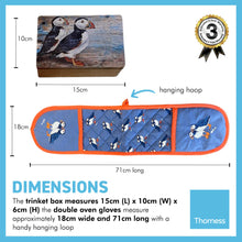 Load image into Gallery viewer, WOODEN PUFFIN DESIGN KEEPSAKE BOX and OVEN GLOVE CUTE PUFFIN SEA BIRD DOUBLE OVEN MITTS | Keepsake and Wooden Gift Boxes | Heat Resistant Kitchen Oven Mitts with Soft Quilted Cotton Lining Filling