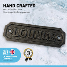 Load image into Gallery viewer, Cast Iron Antique Style LOUNGE PLAQUE SIGN |sitting room | drawing room | home décor | door sign | Guest House | Kitchen | Farmhouse | Pub | old style Period Plaque |11cm x 3.4cm