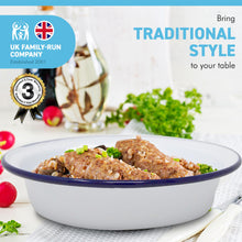 Load image into Gallery viewer, White 20cm diameter ROUND ENAMEL PIE DISH WITH NAVY BLUE EDGING | tableware | metal outdoor camping roasting oven dishes