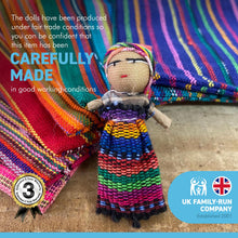 Load image into Gallery viewer, Set of 3 Guatemalan handmade Worry Dolls with a colourful crafted storage bag