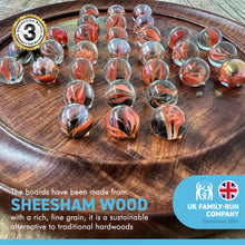 Load image into Gallery viewer, 22cm Diameter WOODEN SOLITAIRE BOARD GAME with TANGY ORANGE SWIRL GLASS MARBLES