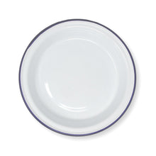Load image into Gallery viewer, White 22cm diameter round enamel Pie Dish with navy blue edging | Tableware | Metal outdoor camping roasting oven dishes | Traditional classic style