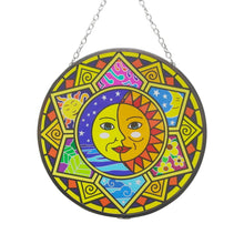 Load image into Gallery viewer, Glass sun catcher with sun and moon design | 150mm diameter with chain for hanging | colour catcher | window decoration | perfect for conservatory | living rooms | garden | garden hanging | suncatcher
