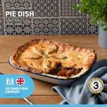 Load image into Gallery viewer, White 24cm oblong enamel Pie Dish with navy blue edging